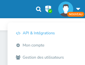 Menu avatar avec l'entrée API & Intégrations mise en avant