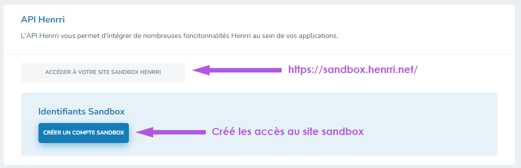 Page API Henrri avec le bouton Créer un compte Sandbox