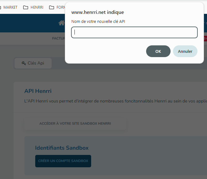 Alerte demandant le nom de la nouvelle clé API