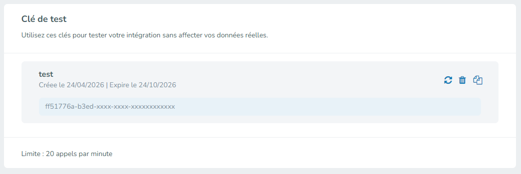 Section Clé de test avec le Client ID