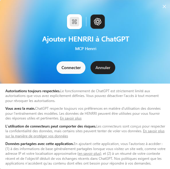 Fenêtre ChatGPT « Ajouter HENRRI à ChatGPT » avec le bouton Connecter