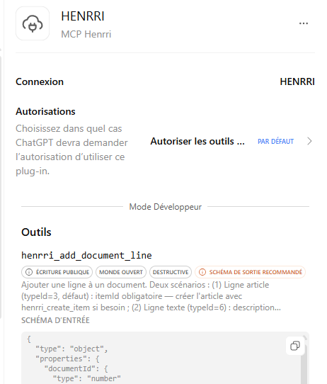 Réglages de l'app HENRRI : autorisations et mode développeur listant les outils MCP
