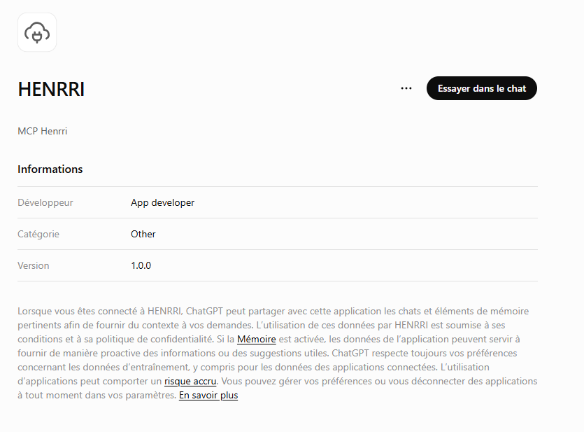 Fiche de l'app HENRRI dans ChatGPT avec le bouton Essayer dans le chat