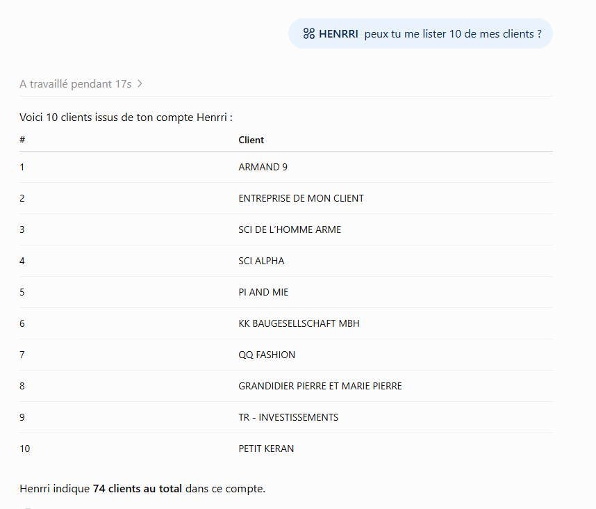 Exemple de réponse ChatGPT listant 10 clients du compte sandbox Henrri